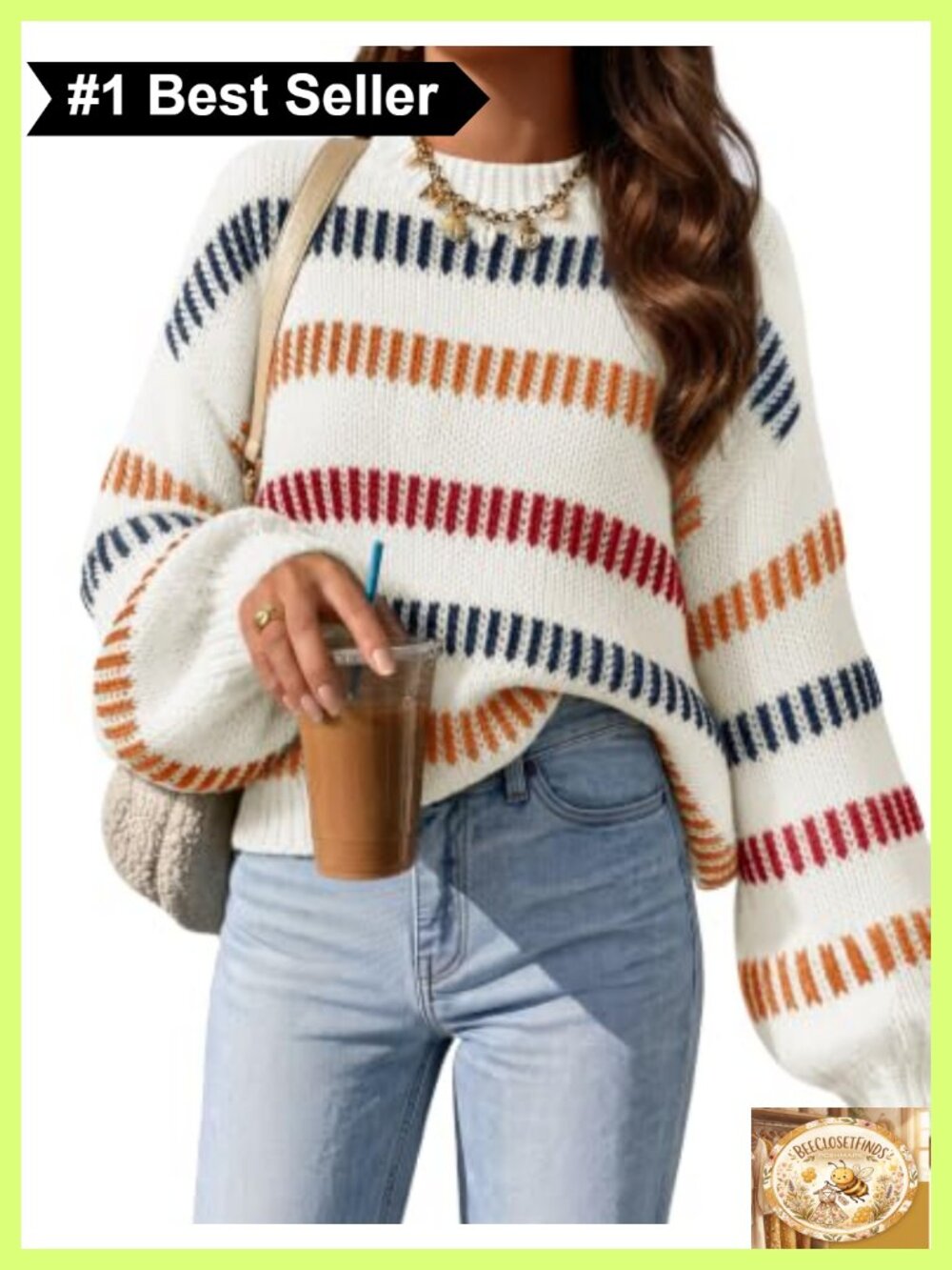 Womens Striped Oversize Knit Sweater Loose Drop Shoulder Crew Neck Long Sleeve